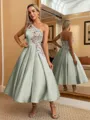 Perfect Ball-Gown One-Shoulder Flower Tea-Length Satin Dress